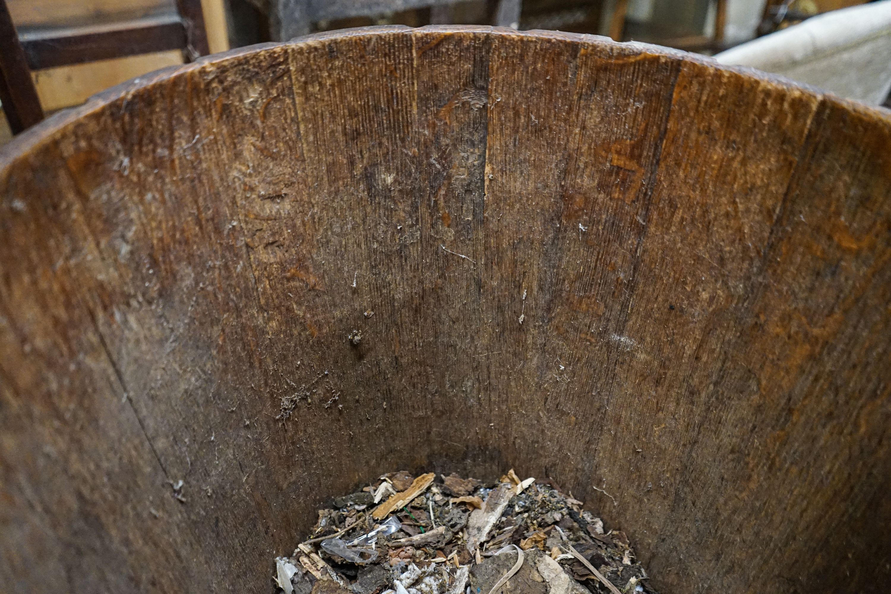 A brass bound staved oak log bin, width 52cm, height 46cm